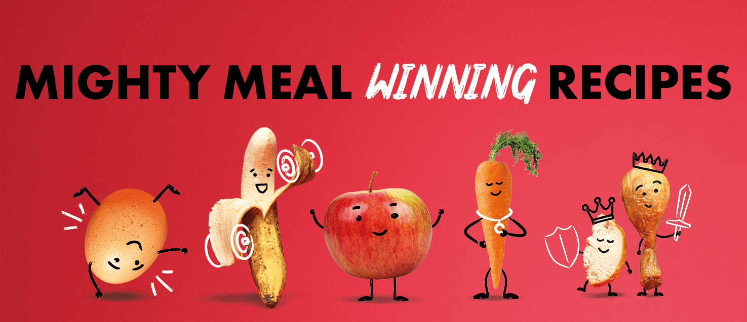 Mighty meal winning recipes banner with food items below
