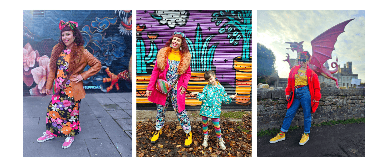 3 photos displayed as a collage. Image 1: Ange posing for camer in a long, floral dress with autumnal oranges, pinks and purple flowers a brown leather faux fur lined jacket on top. Image 2: Ange standing smiling to the left and her daughter to the right both smiling and wearing very colourful second-hand clothes. Ange has a statement bright pink coat with faux fur along the collar. Her daughter rocks some rainbow leggings. Final image 3: Ange standing with a Welsh dragon statue in the background. Wearing jeans, bright yellow shoes, yellow tee and a chunky long knit orange cardigan.
